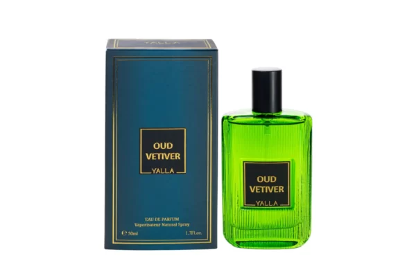 Parfum bărbătesc Oud Vetiver de la Yalla, flacon verde de 50 ml, alături de cutia albastru petrol cu detalii aurii
