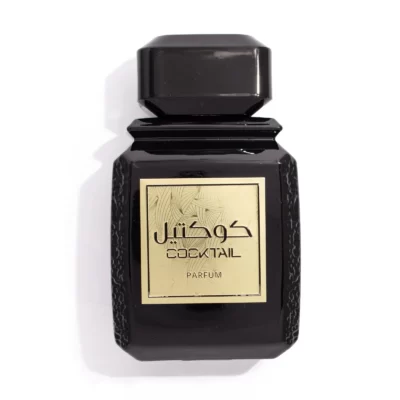 Parfum unisex Cocktail de la Amd Perfumes, flacon negru de 100 ml cu etichetă aurie și inscripție arabă